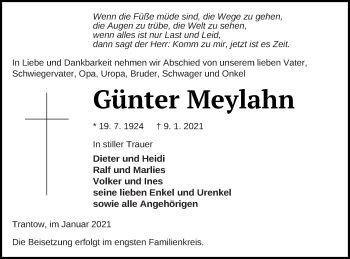 Traueranzeige von Günter Meylahn von Vorpommern Kurier