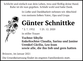 Traueranzeige von Günter Schnittke von Prenzlauer Zeitung