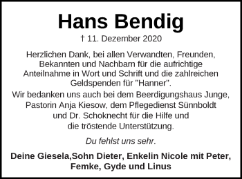 Traueranzeige von Hans Bendig von Mecklenburger Schweiz