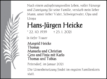 Traueranzeige von Hans-Jürgen Heicke von Strelitzer Zeitung