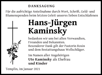 Traueranzeige von Hans-Jürgen Kaminsky von Templiner Zeitung