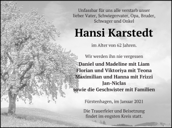 Traueranzeige von Hans Karstedt von Strelitzer Zeitung