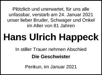 Traueranzeige von Hans Ulrich Happeck von Pasewalker Zeitung