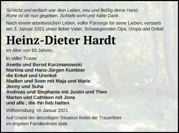 Traueranzeige von Heinz-Dieter Hardt von Haff-Zeitung