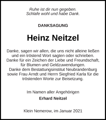 Traueranzeige von Heinz Neitzel von Neubrandenburger Zeitung