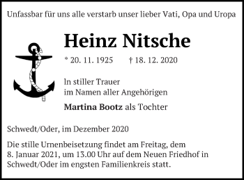 Traueranzeige von Heinz Nitsche von Neubrandenburger Zeitung