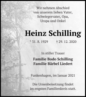 Traueranzeige von Heinz Schilling von Templiner Zeitung