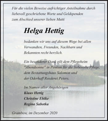 Traueranzeige von Helga Hettig von Pasewalker Zeitung