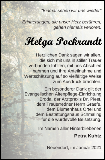 Traueranzeige von Helga Pockrandt von Neubrandenburger Zeitung