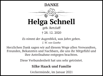 Traueranzeige von Helga Schnell von Haff-Zeitung