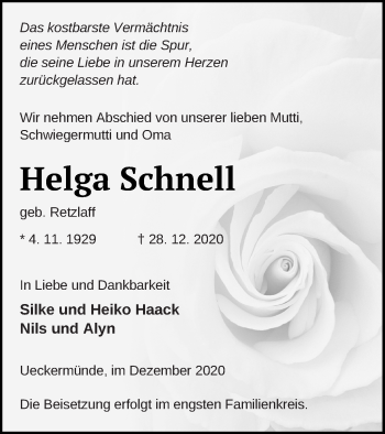 Traueranzeige von Helga Schnell von Haff-Zeitung