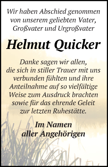 Traueranzeige von Helmut Quicker von Neubrandenburger Zeitung