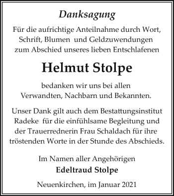 Traueranzeige von Helmut Stolpe von Vorpommern Kurier