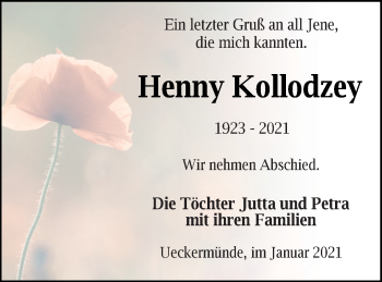 Traueranzeige von Henny Kollodzey von Haff-Zeitung