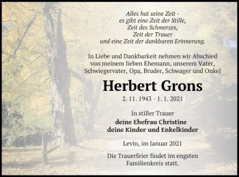 Traueranzeige von Herbert Grons von Mecklenburger Schweiz