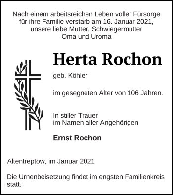 Traueranzeige von Herta Rochon von Neubrandenburger Zeitung