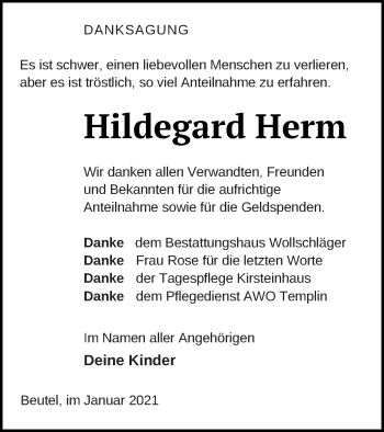 Traueranzeige von Hildegard Herm von Templiner Zeitung