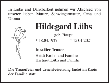 Traueranzeige von Hildegard Lübs von Norddeutsche Neueste Nachrichten