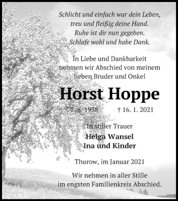 Traueranzeige von Horst Hoppe von Strelitzer Zeitung