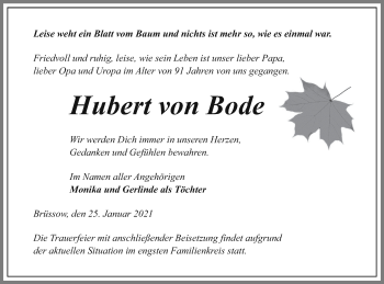 Traueranzeige von Hubert von Bode von Prenzlauer Zeitung