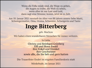 Traueranzeige von Inge Bitterberg von Haff-Zeitung