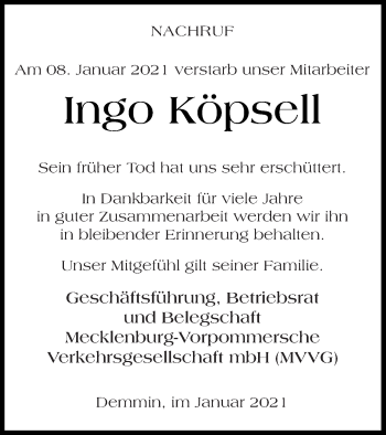 Traueranzeige von Ingo Köpsell von Müritz-Zeitung