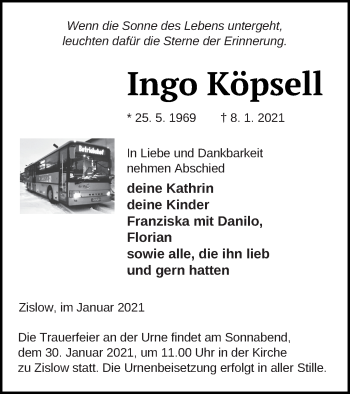 Traueranzeige von Ingo Köpsell von Müritz-Zeitung