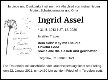 Traueranzeige von Ingrid Assel von Haff-Zeitung
