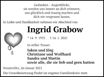 Traueranzeige von Ingrid Grabow von Strelitzer Zeitung