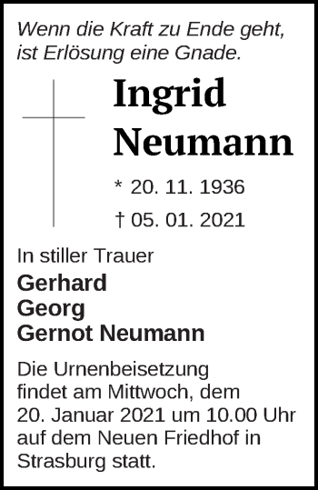 Traueranzeige von Ingrid Neumann von Pasewalker Zeitung