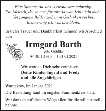 Traueranzeige von Irmgard Barth von Gadebusch-Rehnaer Zeitung