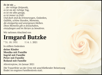 Traueranzeige von Irmgard Butzke von Neubrandenburger Zeitung