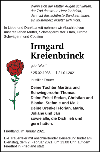 Traueranzeige von Irmgard Kreienbrinck von Neubrandenburger Zeitung