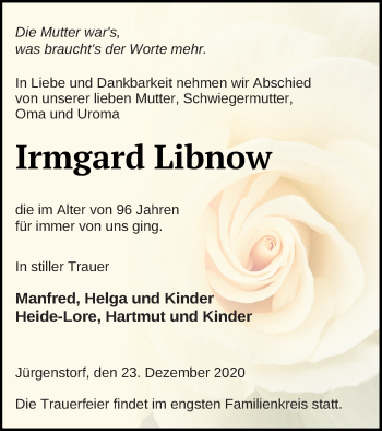 Traueranzeige von Irmgard Libnow von Mecklenburger Schweiz