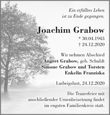 Traueranzeige von Joachim Grabow von Ludwigsluster Tageblatt