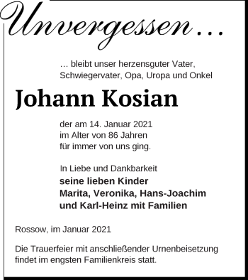 Traueranzeige von Johann Kosian von Pasewalker Zeitung