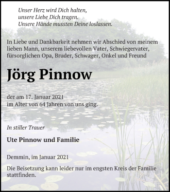 Traueranzeige von Jörg Pinnow von Demminer Zeitung