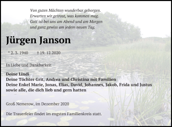 Traueranzeige von Jürgen Janson von Neubrandenburger Zeitung