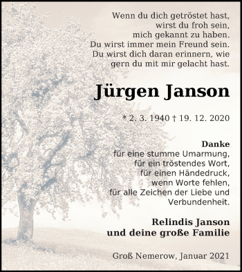 Traueranzeige von Jürgen Janson von Neubrandenburger Zeitung