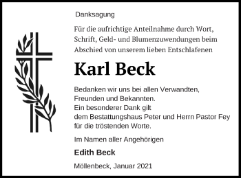 Traueranzeige von Karl Beck von Strelitzer Zeitung