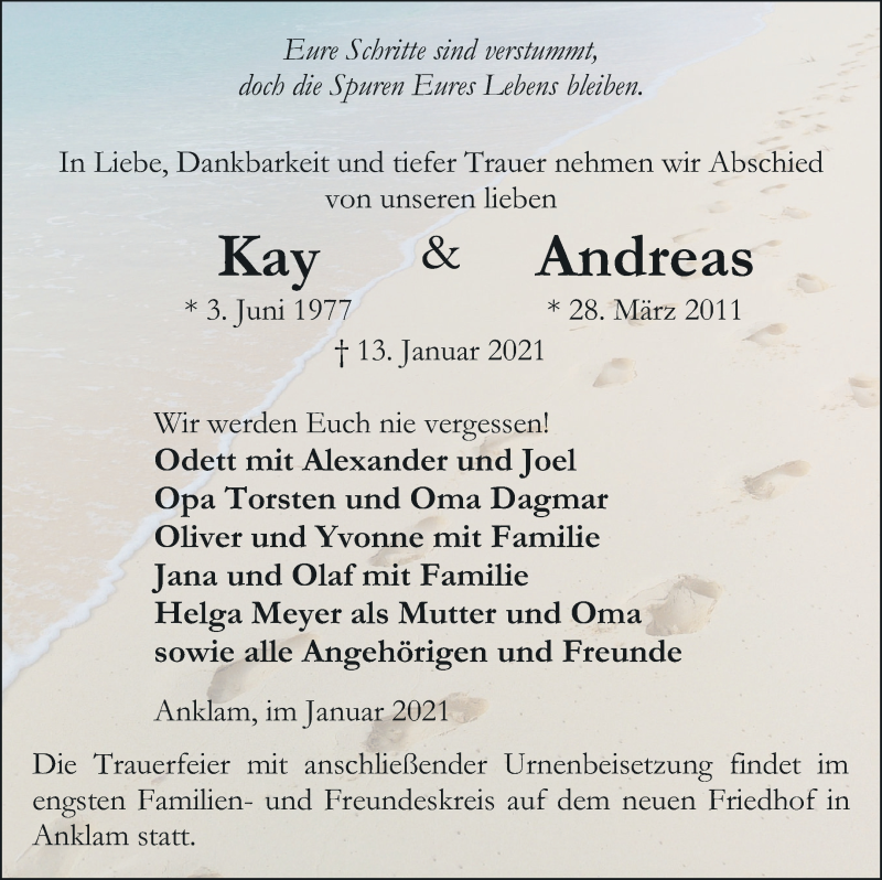  Traueranzeige für Kay und Andeas  vom 23.01.2021 aus Vorpommern Kurier