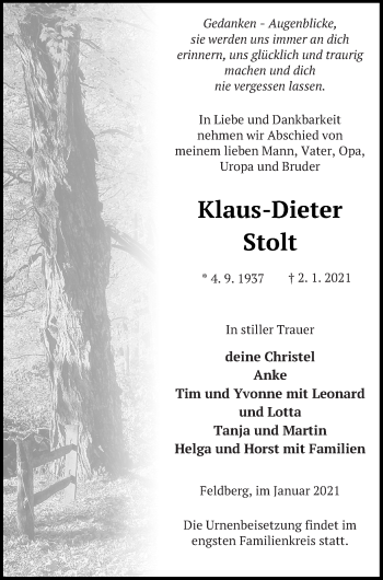 Traueranzeige von Klaus-Dieter Stolt von Strelitzer Zeitung