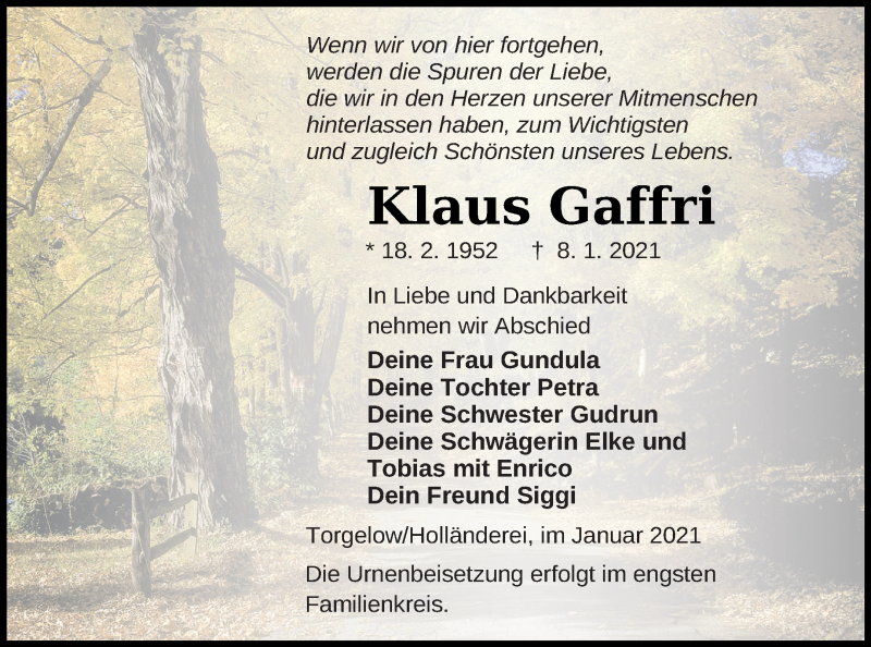  Traueranzeige für Klaus Gaffri vom 12.01.2021 aus Haff-Zeitung