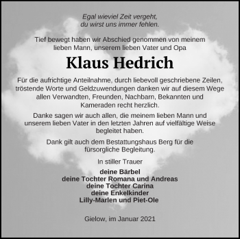 Traueranzeige von Klaus  Hedrich von Mecklenburger Schweiz