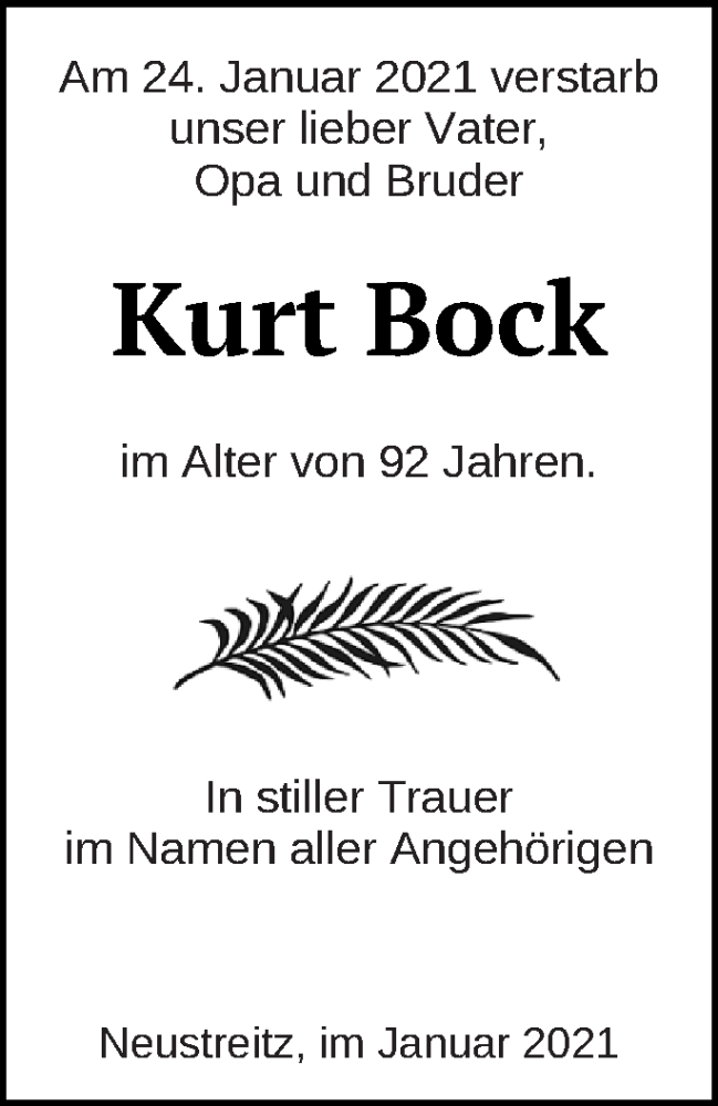  Traueranzeige für Kurt Bock vom 29.01.2021 aus Strelitzer Zeitung