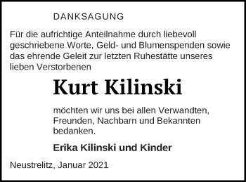 Traueranzeige von Kurt Kilinski von Strelitzer Zeitung