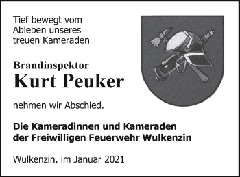 Traueranzeige von Kurt Peuker von Neubrandenburger Zeitung