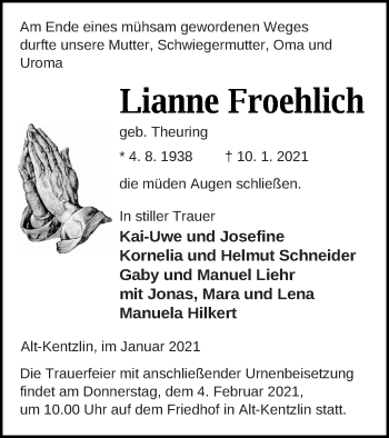 Traueranzeige von Lianne Froehlich von Demminer Zeitung