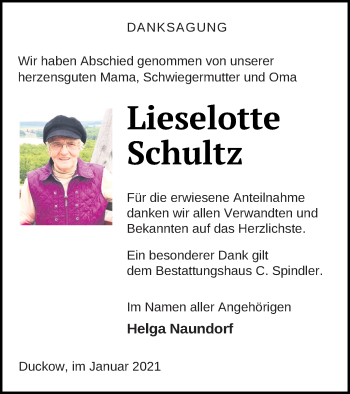 Traueranzeige von Lieselotte Schultz von Mecklenburger Schweiz