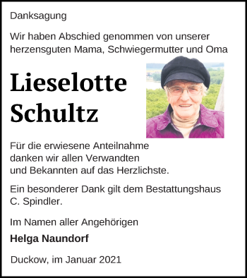 Traueranzeige von Lieselotte Schultz von Neubrandenburger Zeitung